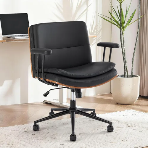 Vista 13 de Silla de oficina moderna sin brazos de nogal con ruedas, silla ejecutiva de cuero PU ajustable de giro amplio, silla de computadora ergonómica