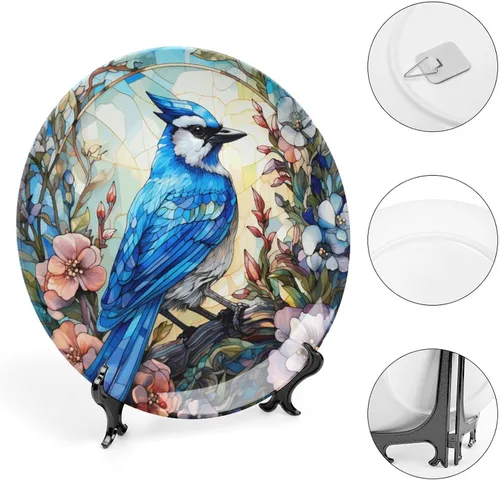 Vista 4 de Platos decorativos, pájaro azul y flores, vitrales, para el hogar, oficina, cocina, decoración de mesa, platos de porcelana de 6 pulgadas, regalos