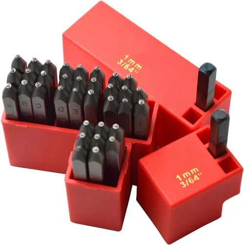 Vista 46 de Juego de 27 sellos de acero resistente con letras mayúsculas de 3/64" 1mm, kit de punzones de alfabeto para estampado a mano de caracteres, código