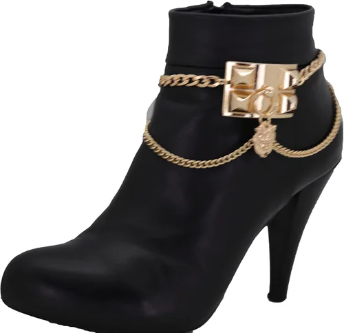 Vista 7 de Pulsera para botas occidentales de metal dorado para mujer, cadena para el tobillo, con forma de león y ondas laterales, Metal, Sin gemas.