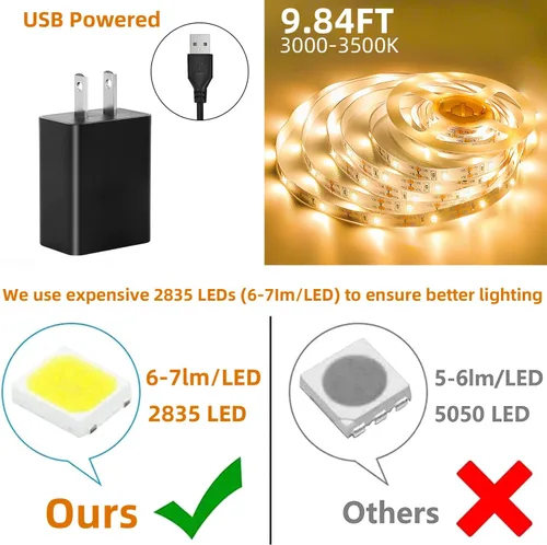 Vista 5 de Tira de luces LED activadas por movimiento, de 9.84 pies, color blanco cálido, no impermeable, alimentado por USB, con sensor de movimiento
