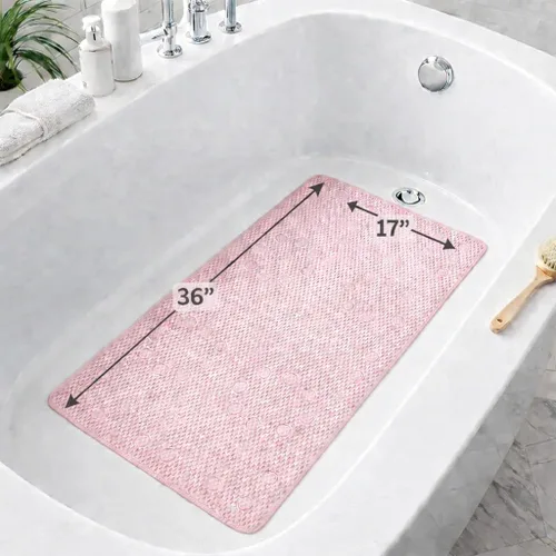 Vista 2 de Alfombra antideslizante para bañera, extragrande, de 36 x 17 pulgadas, con ventosas y orificios de drenaje, espuma suave, lavable a máquina