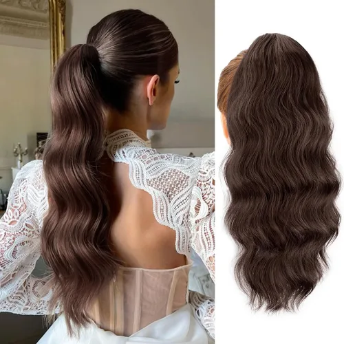 Vista 17 de FREEMEIGE Extensión de Cola de Caballo Negra con Cordón Extensión de Cola de Caballo Larga y Ondulada para Mujeres Extensión de Cabello de Cola de 1b