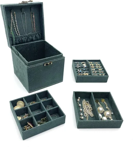 Vista 2 de Lemonadeus Organizador de joyas retro de terciopelo de 3 capas para mujeres y niñas pequeño joyero de viaje portátil aretes collares pulseras