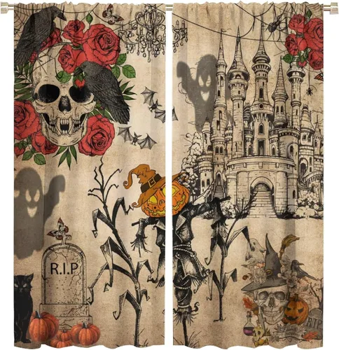 Vista 27 de Divertidas cortinas opacas de calabaza y espantapájaros para sala de estar, rústicas de otoño, hojas de arce, girasol, cosecha de otoño, puesta