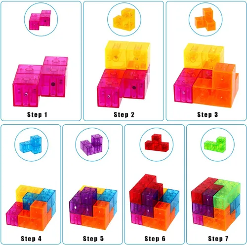 Vista 6 de Bloques de construcción magnéticos, cubos magnéticos 3D, juego de 7 bloques magnéticos multiformas con 54 tarjetas guía, desarrollo de inteligencia