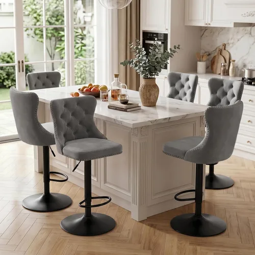 Vista 40 de SoarFlash Juego de 2 taburetes de bar tapizados de terciopelo moderno con patas de madera, botones acolchados, cabeza de clavo cromada, asiento