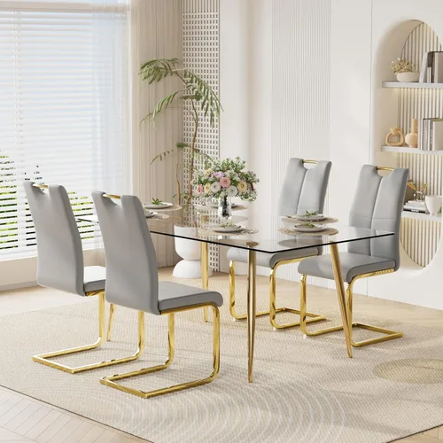 Vista 17 de Juego de mesa de comedor moderno de 51 pulgadas para 4 mesas rectangulares de cristal con 4 sillas tapizadas de cuero, asientos 4 ideales para Beige