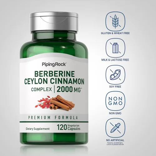 Vista 3 de Piping Rock Berberine HCI Ceylon Cinnamon Complex 120 cápsulas Suplemento de extracto de hierbas Fórmula vegetariana, sin OMG y sin gluten