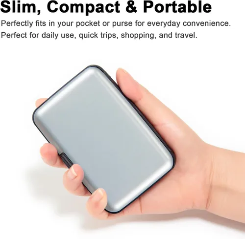 Vista 9 de Soporte para tarjetas de crédito, cartera metálica con bloqueo RFID para tarjetas de identificación para mujeres y hombres, funda rígida de aluminio