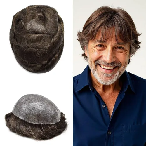 Vista 349 de Toupee para hombre 100% cabello humano real tupé para hombres 0.004 in piel de poliuretano para hombre, sistema de reemplazo de piezas de pelo