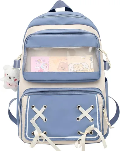 Vista 9 de Mochila Kawaii con bonitos accesorios para portátil de 14 pulgadas, mochila de viaje casual, bolsa estética para regalo de nuevo semestre, 01-rosa