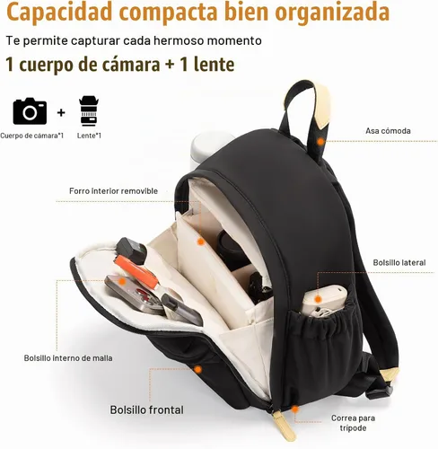 Vista 3 de Cwatcun Mochila para cámara pequeña para mujer, bolsa de cámara réflex digital de moda con correa de trípode, compartimento para laptop y divisores