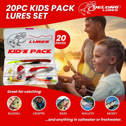 Vista 2 de DeLong Lures Paquete de 20 señuelos de pesca para niños, kit de señuelos preaparcados fáciles de usar para Bluegill, Bass y Crappie, cebos