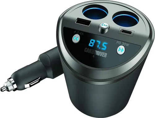Vista 5 de Car and Driver Transmisor FM inteligente con soporte para vasos Bluetooth, compatible con Alexa, Siri y Google Assistant para automóvil, puertos
