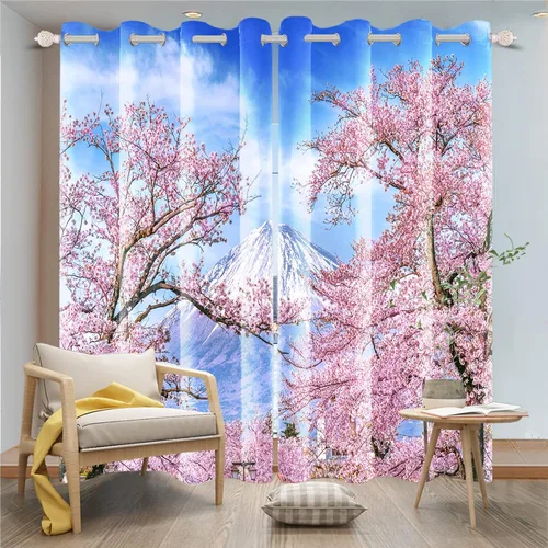 Vista 4 de Renaiss Cortinas de ventana con diseño de cerezo Fuji, tratamiento de ventana de cielo azul, flores rosas, cortinas opacas de privacidad para hombre
