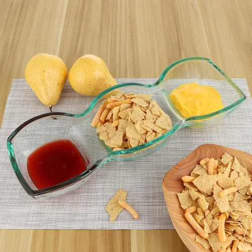 Vista 4 de MDLUU Cuenco de vidrio grueso con triple inmersión, plato grande dividido para servir, servidor de aperitivos de 3 compartimentos