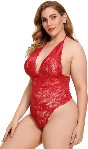 Vista 3 de Lencería para mujer de talla grande, body de encaje Halter sexy de una pieza con peluche.