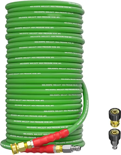 Vista 14 de Manguera de lavado a presión de 50 pies y 3/8 pulgadas para agua fría y caliente de 212 °F, con conexión rápida giratoria, alambre de acero trenzado