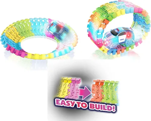 Vista 5 de Mindscope Twister Tracks Neon Glow in the Dark 221 piezas (11 pies) de la serie de emergencia flexible de montaje