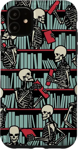 Vista 8 de iPhone 16 Bookish Public Library Skeleton Goth Librarian Books Pattern Case