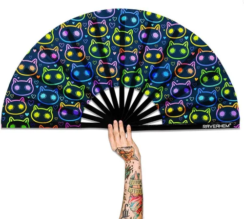 Vista 7 de Abanico para rave con brillo ultravioleta, abanico de mano plegable de bambú para hombres y mujeres (psicodélico espacial, mediano de 11 pulgadas)