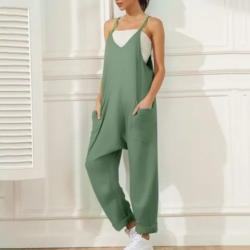Vista 4 de Hugncmy Womens Casual Summer Jumpsuit Sleeveless Loose Solid Color Comfortable Strap Loose Jumpsuit Formal Rompers for
