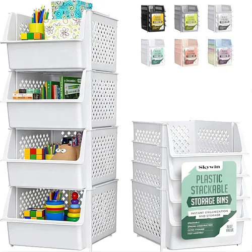 Vista 10 de Skywin TidyFriend - Recipientes apilables de plástico grandes para despensa, paquete de 3 contenedores apilables para organizar artículos esenciales