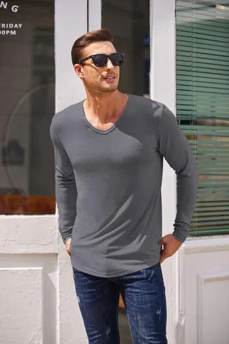 Vista 3 de COOFANDY Paquete de 2 camisetas de manga larga con cuello en V para hombre, ajuste atlético