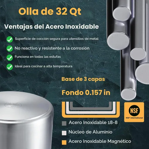 Vista 4 de CURTA Olla resistente de 32 cuartos de galón con tapa, listado NSF, lista para inducción, base revestida de 3 capas, olla de cocina de acero
