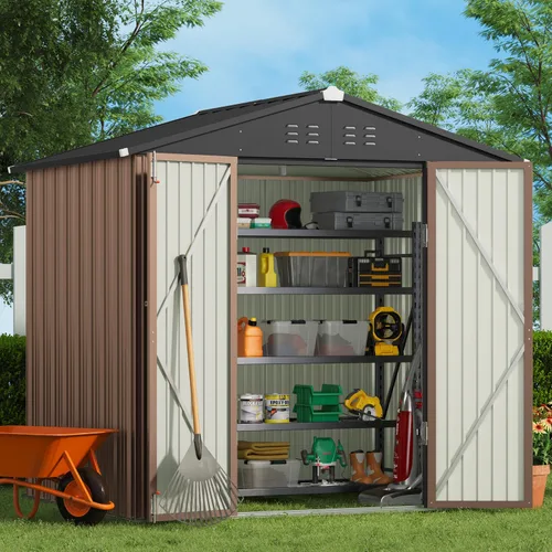 Gizoon Cobertizo de almacenamiento para exteriores de 8 x 6 pies, cobertizo de jardín de metal galvanizado con puertas dobles con cerradura, Marrón
