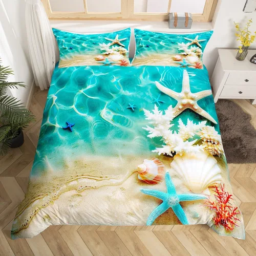 Vista 8 de Erosebridal Hawaii - Juego de funda de edredón de playa individual, color azul océano, funda de edredón de tablones de madera rústica, funda