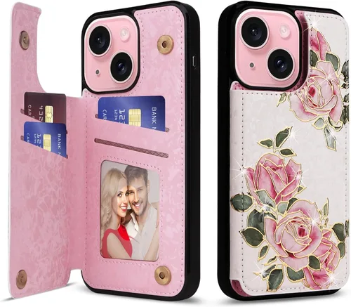 Vista 27 de UEEBAI Funda tipo cartera para iPhone 13 con tarjeteros, piel sintética, diseño floral, función atril, bloqueo RFID, doble cierre magnético, funda
