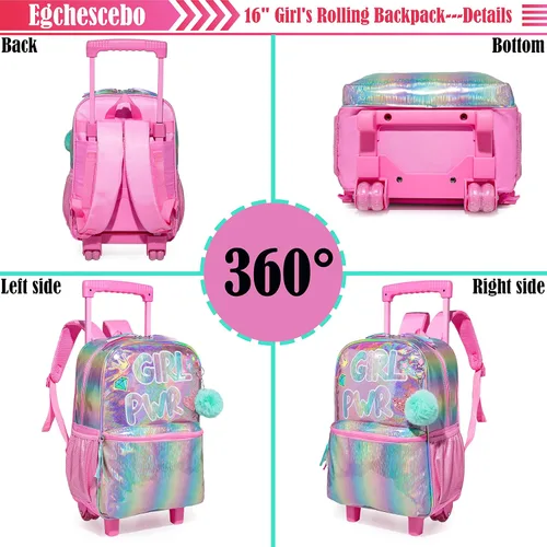 Vista 3 de Egchescebo Mochila con ruedas para niñas de 16 pulgadas, 3 unidades, Arco iris, lg-lpg