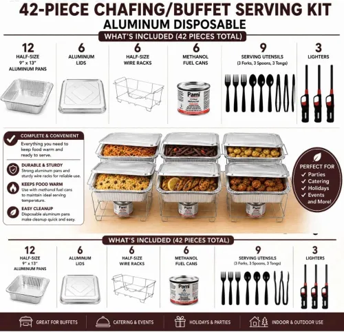 Vista 2 de Chafing Dish Buffet - Kit de servicio de 42 piezas con combustible, estantes, sartenes de aluminio, utensilios y encendedores