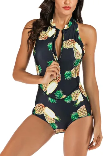 Vista 2 de SEBOWEL Traje de baño deportivo de una pieza con estampado a rayas y cremallera frontal para mujer