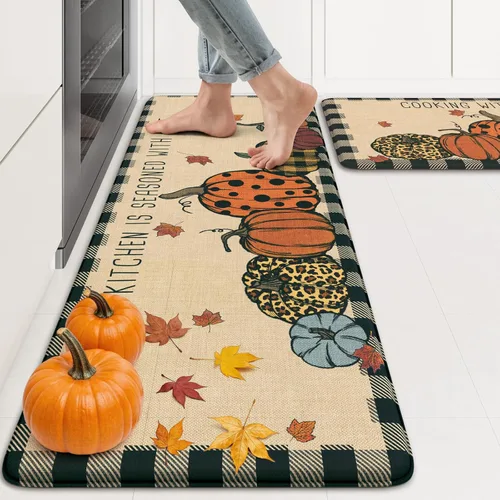 Vista 13 de KIMODE Tapetes Antifatiga para Piso de Cocina 17"x47"+17"x29", Juego de 2 Alfombras de Cocina a Cuadros Marrón y Blanco, Tapete de Cocina