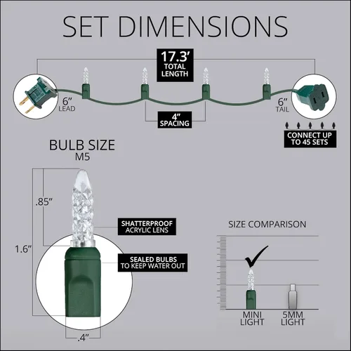 Vista 4 de 50 luces LED M5 blancas frías para Navidad, tira de mini luces de calibre comercial para interiores/exteriores con cable verde de 17 pies