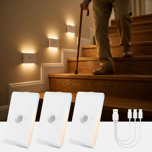 Vista 10 de wowatt Luz de escalera recargable con sensor de movimiento, luces de noche blancas con montaje magnético, luces de escalera regulables para Blanco