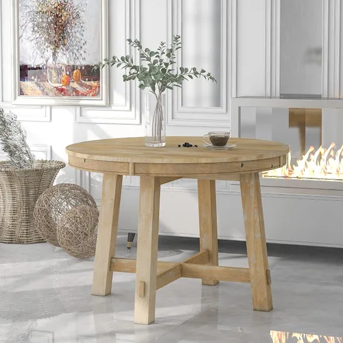 Vista 16 de Farmhouse - Juego de mesa de comedor de 5 piezas, mesa de comedor redonda extensible con 4 cómodas sillas tapizadas, juego de muebles funcionales