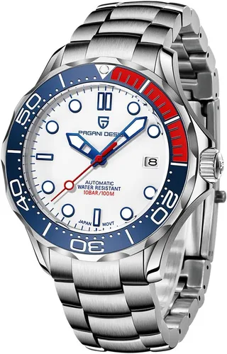 Vista 12 de Relojes automáticos de buceo Pagani Design 007-Model para hombre, movimiento NH35, materiales de acero inoxidable, bisel de cerámica giratoria Hule