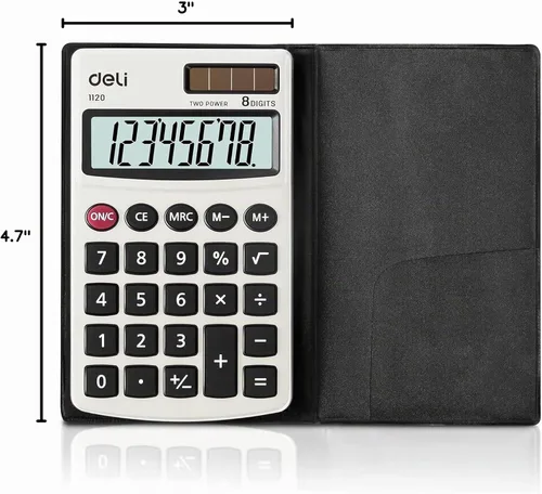 Vista 8 de Calculadora, Calculadoras Básicas de Función Estándar Deli, Calculadora de Oficina de Energía Dual Solar y Batería con Cubierta, Panel de Metal