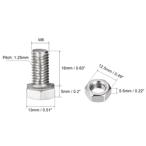 Vista 2 de uxcell Tornillos de cabeza hexagonal M8 x 0.630 in, tuercas, kits de arandelas planas y de bloqueo, pernos hexagonales de rosca completa de acero