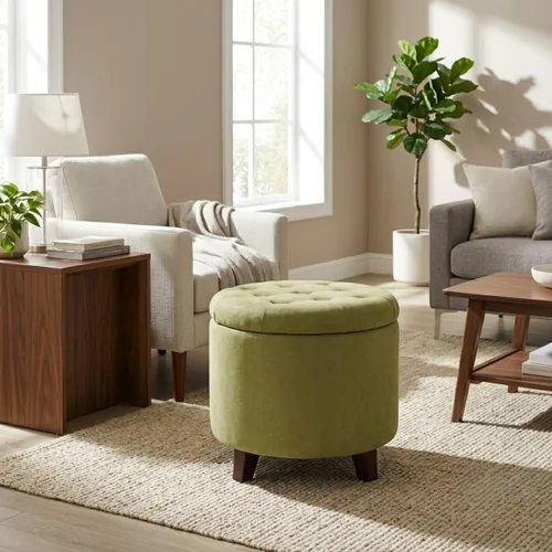 Vista 11 de Adeco Otomana redonda de almacenamiento, taburete tapizado para maquillaje, taburete de terciopelo para dormitorio, dormitorio beige