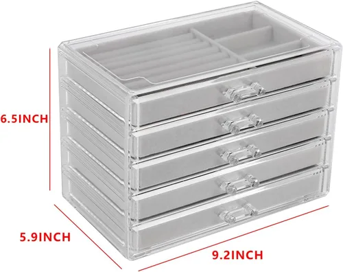 Vista 2 de Cq acrylic Organizador de joyas con 5 cajones caja de joyería de acrílico transparente regalo para mujeres hombres niños y niñas apilable