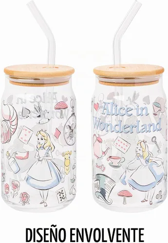 Vista 5 de Silver Buffalo Disney Alice in Wonderland Tarro de vidrio con tapa de bambú y pajita de vidrio, 16 onzas