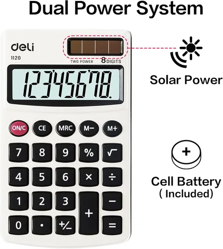 Vista 6 de Calculadora, Calculadoras Básicas de Función Estándar Deli, Calculadora de Oficina de Energía Dual Solar y Batería con Cubierta, Panel de Metal