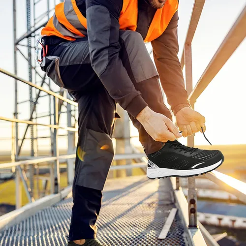 Vista 8 de Zapatos de punta de acero para hombres y mujeres, zapatos de trabajo de seguridad antideslizantes a prueba de pinchazos, cómodos tenis