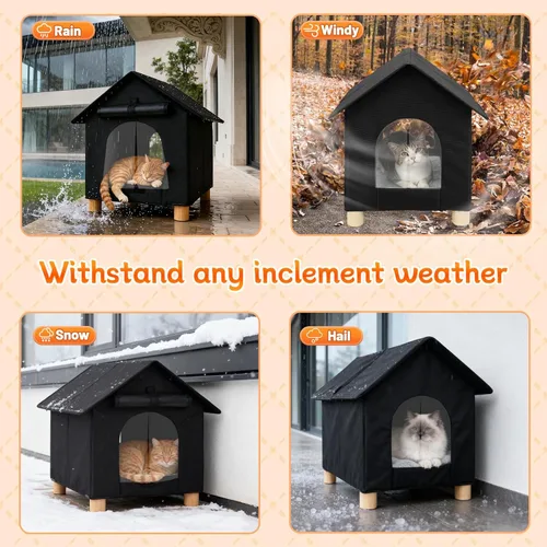 Vista 5 de FHTONGE Casa elevada para gatos al aire libre con alfombrilla lavable, refugio resistente a la intemperie para gatos con 2 salidas, perrera aislada