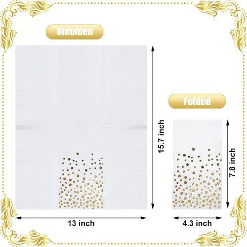 Vista 2 de Paquete de 120 servilletas de papel de aluminio dorado con lunares blancos y dorados, toallas de mano desechables metálicas para boda, baby shower